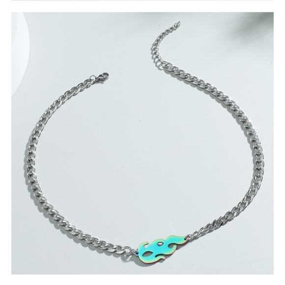 Fire Flame Gunmetal Charm Cuban Link Necklace Silver Colored Chain - Picture 3 of 5